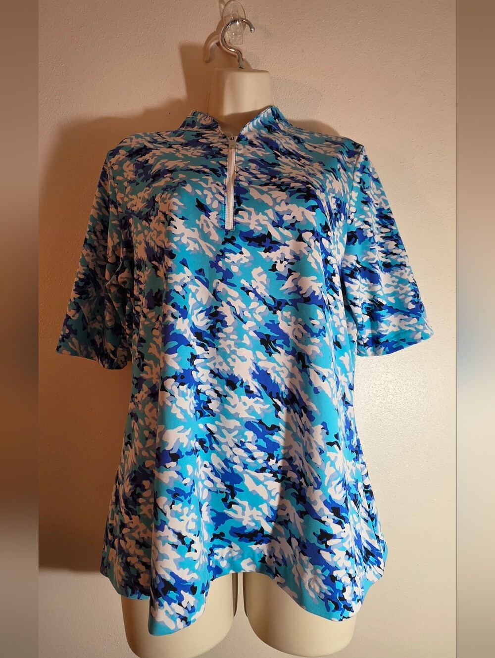 Tail Blue Camouflage Quarter-Zip Short Sleeve Top